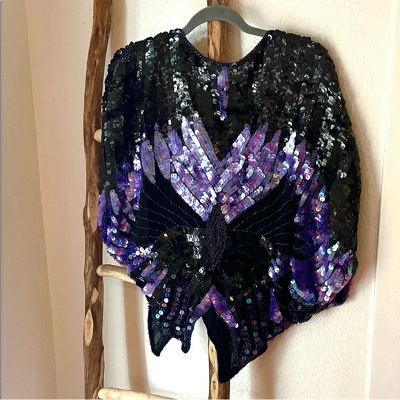 RARE Vintage Shomax Black and Purple Sequin Beaded Butterfly Disco Top Large - Picture 5 of 6